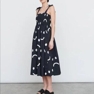Lazy Oaf Happy Sad Graphic Emoji Print Black Smocked Shoulder Tie Flare Dress